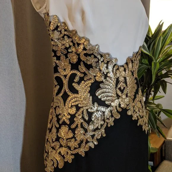 Tadashi Shoji Black and White Dress with Gold Accents - Picture 9 of 16